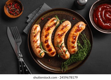 Grilled sausages with tomato sauce on black background. Roasted homemade german wurst sausages with herbs and spices.