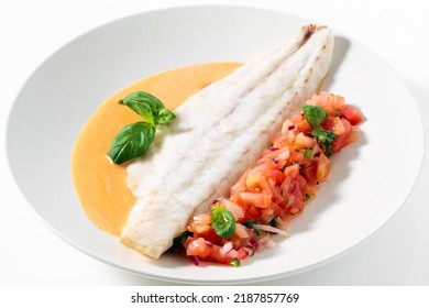 Grilled Sea Bass Fillet With Tomato Basil  Salad And Gravy On White