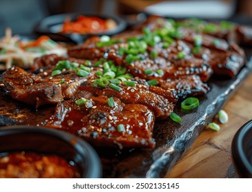 Grilled short ribs served on a white plate, presented in an angle view, showcasing the delicious marinated meat with garnishes, professional food photography. - Powered by Shutterstock