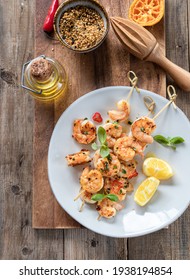 Grilled Shrimp Kabobs With Garlic - Lemon Marinade Andbaby Basil Leaves