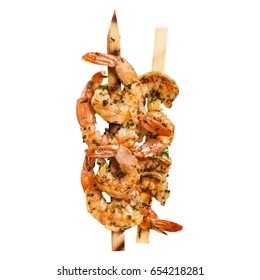 Grilled Shrimp Skewers Appetizer Salad Isolated On White Background. Selective Focus.