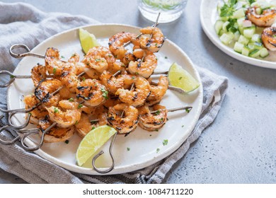 Grilled Shrimp Skewers With Garlic Honey Marinade. Seafood, Shellfish.