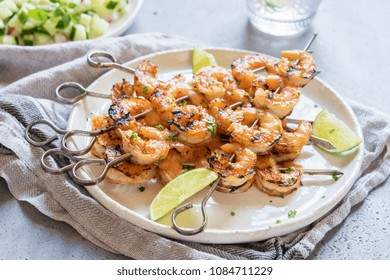 Grilled Shrimp Skewers With Garlic Honey Marinade. Seafood, Shellfish.