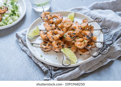 Grilled Shrimp Skewers With Garlic Honey Marinade. Seafood, Shellfish.