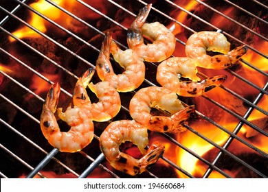 Grilled Shrimps On The Flaming Grill.