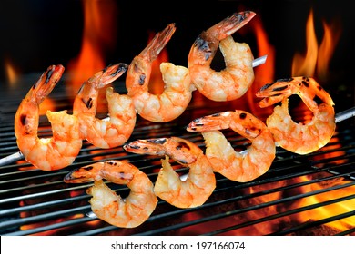 Grilled Shrimps On The Flaming Grill.