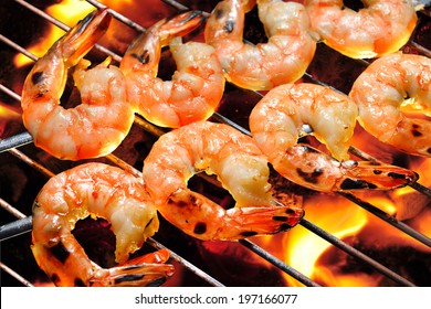 Grilled Shrimps On The Flaming Grill.