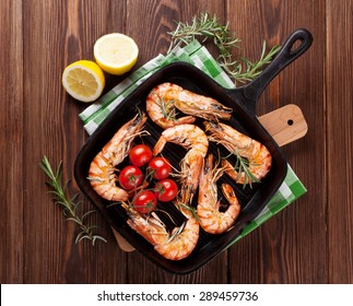 Grilled Shrimps On Frying Pan. Top View 