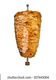 Grilled Skewered Chicken On Spit, A Traditional Meat Shaved, Served Inside Kebab Sandwich In Mediterranean And Arab Countries In Middle East, Cooked Isolated On Pure White Background