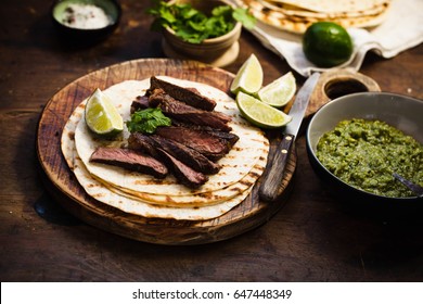 Grilled Skirt Steak Fajitas Recipe. Beef Steak Fajitas Tacos Hot Tortillas.