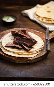 Grilled Skirt Steak Fajitas Recipe. Beef Steak Fajitas Tacos Hot Tortillas.