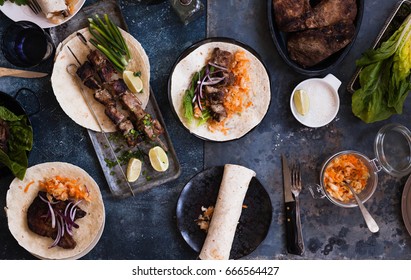 Grilled Skirt Steak Fajitas Recipe. Beef Steak Fajitas Tacos Hot Tortillas. Overhead Of Picnic Table.