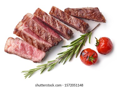 Grilled Sliced Beef Steak With Tomatoes And Rosemary Isolated On White Background Top View