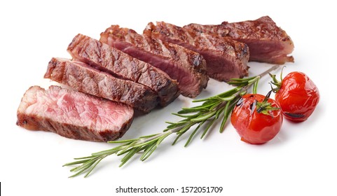 Grilled Sliced Beef Steak With Tomatoes And Rosemary Isolated On White Background Top View