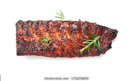 Grilled And Smoked Pork Ribs With Barbeque Sauce And Rosemary Isolated On White Background