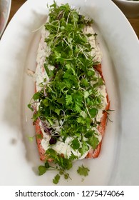 Grilled Sockeye Salmon Garnished With Mayonaise And Herb Salad, On A White Platter