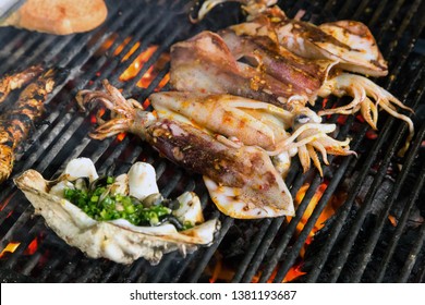 Grilled Squid Street Food BBQ Cooking Seafood.