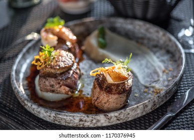 Grilled Steak Meat With Foie Gras, Shrimp And Cheese