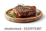 Grilled Steak with Rosemary on Wooden Plate