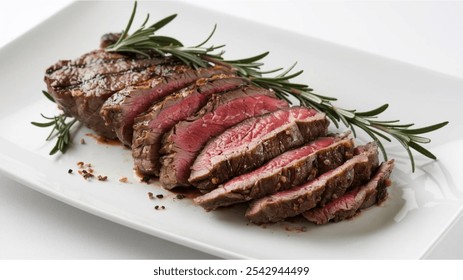 Grilled Steak: Sliced medium-rare steak with a pink center, garnished with fresh rosemary sprigs, served on a white plate with a plain background to highlight the dish. - Powered by Shutterstock