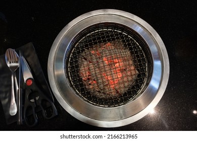 Grilled Stove With Scissors For Cut And Cutlery, Chopsticks, Black Tray Ready To Grilled BBQ. Top View