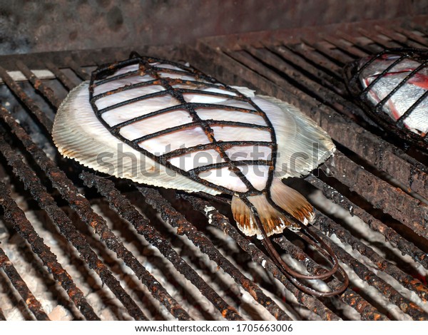 Grilled to street level of a recently purchased\
turbot in the Getaria fish\
market