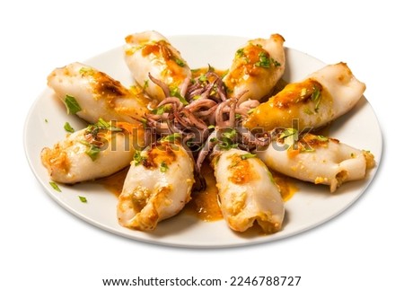 Grilled stuffed squid in sauce