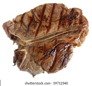 A Grilled T-bone Or Porterhouse Steak Isolated On White, Viewed Directly From Above.