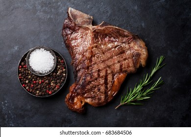 Grilled T-bone Steak On Stone Table. Top View