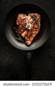 Grilled T-bone Steak With Seasonings, Rosemary And Butter In A Grill Pan. Cooking Porterhouse Beef Steak. Top View