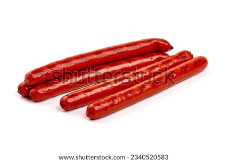 Grilled thin sausages bbq, close-up, isolated on white background