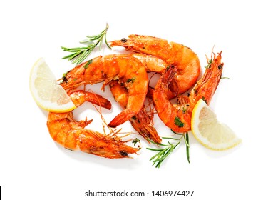 Grilled Tiger Shrimp With  Lemon . Isolated On White Background