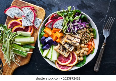 Grilled Tofu And Dragon Fruit Buddha Bowl Top View