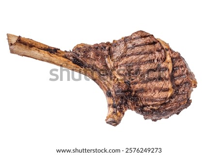 Grilled Tomahawk beef steak, cooked rib eye with bone isolated on white background. top view.