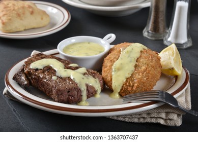 Grilled Top Round Steak With Crab Cakes And Bearnaise Sauce