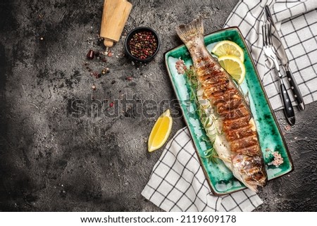 Grilled trout. Healthy eating concept. Restaurant menu, dieting, cookbook recipe top view.