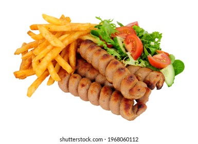 Grilled turkey meat twizzler spirals and French fries meal with fresh salad isolated on a white background