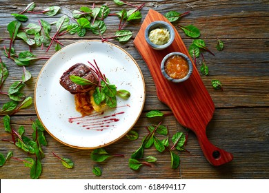 Grilled Veal Sirloin Mashed Potatoes, Red Swish Chards, And Caramelized Shallots