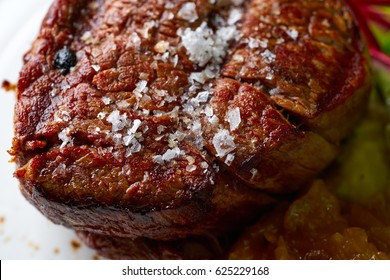 Grilled Veal Sirloin Mashed Potatoes, Red Swish Chards, And Caramelized Shallots