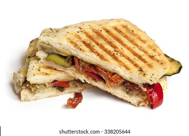 Grilled Vegetable Focaccia Or Panini Isolated On White.  Delicious Healthy Sandwich.