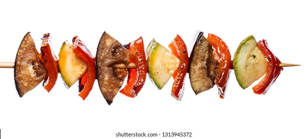 Grilled Vegetable Kebab On Skewer With Tomato, Pepper, Zucchini, Squash And Eggplant On White Background, Isolated Food