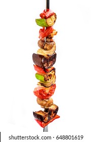 Grilled Vegetable Kebabs On Skewers With Cherry Tomato, Pepper, Mushrooms, Squash And Onion On White Background