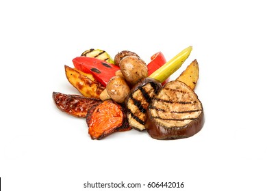 Grilled Vegetables And Grilled Mushrooms On A White Background