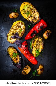 Grilled Vegetables On A Black Baking Sheet. Top View. Selective Focus