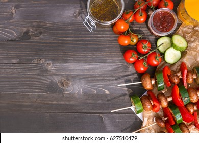 Grilled Vegetarian Meal On The Wooden Table, Top View. Barbecue Party Outdoor, Sunny Light