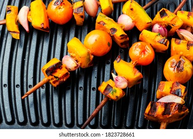 Grilled Veggie Skewers With Pumpkin, Cherry Tomatoes And Onions