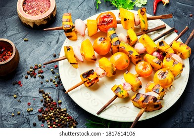 Grilled Veggie Skewers With Pumpkin,cherry Tomatoes And Onions