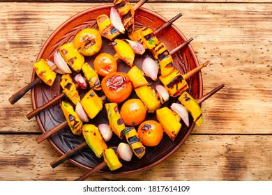 Grilled Veggie Skewers With Pumpkin,cherry Tomatoes And Onions