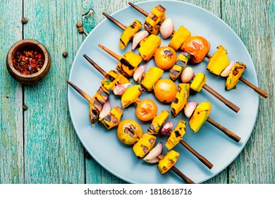 Grilled Veggie Skewers With Pumpkin,cherry Tomatoes And Onions