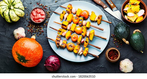 Grilled Veggie Skewers With Pumpkin,cherry Tomatoes And Onions